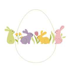 Happy Easter banner, poster, and greeting card. This card features bunnies, flowers, eggs, and bunny ears in pastel colors. Modern, minimalist style.