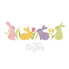 Happy Easter banner, poster, and greeting card. This card features bunnies, flowers, eggs, and bunny ears in pastel colors. Modern, minimalist style.