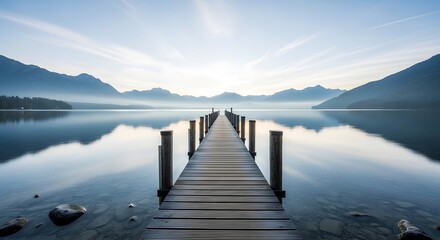 Obraz premium Morning Clarity Over a Wooden Pier Leading Into Peaceful Mountain Waters
