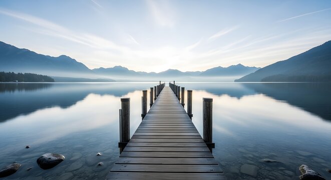 Morning Clarity Over a Wooden Pier Leading Into Peaceful Mountain Waters - Powered by Adobe