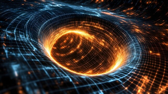 A dynamic, futuristic visualization of a spacetime warp or black hole, represented by a glowing grid tunnel with intense orange light at the center and surrounding blue wireframe mesh,