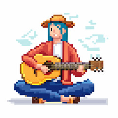 Obraz premium A pixel art illustration of a person with blue hair playing an acoustic guitar while sitting cross-legged.