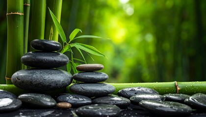 A serene composition featuring a balanced stack of dark stones, accompanied by bamboo stalks and leaves, against a blurred, verdant backdrop