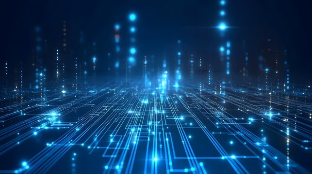 A dark, high-tech abstract background featuring a glowing blue circuit board or data grid stretching into the distance, with glowing nodes and lines, representing AI, technology, and big data.