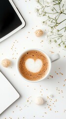 A top-down view of a white desk with a cup of coffee featuring latte art in the shape of a heart, surrounded by small cookies, delicate white flowers, and scatt