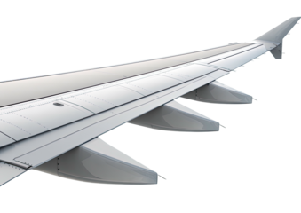 Airplane wing shows flaps extended; black background