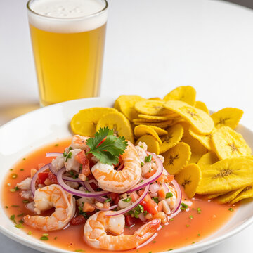 Ecuador &mdash; Ceviche de camar&oacute;n with crispy chifles on the side served with a cold beer in a glass  