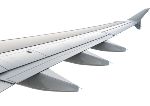 Airplane wing shows flaps extended; black background