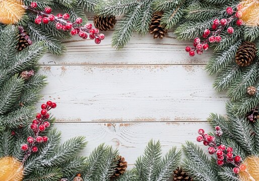 Christmas border of frosted pine branches, pine cones, and red berries on a white distressed wood background