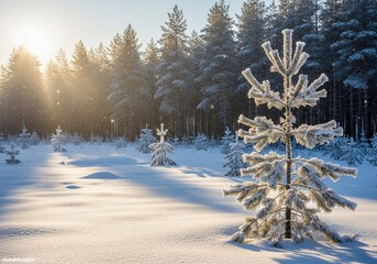 Sunlit winter landscape with a small, frosted pine tree in the foreground and a snowy forest