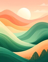 Obraz premium A stylized landscape illustration showing layered undulating hills in a palette of warm oranges, greens, and yellows, with a bright sun