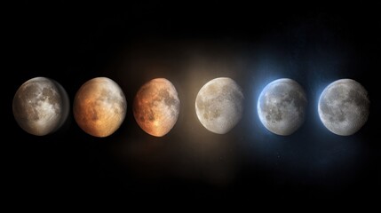 waning. Six moon phases each depicting a unique scientific phenomenon artistically. STEM education sheets, lab safety posters, designed for biotech research communications.