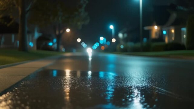 Empty suburban street at night with glowing streetlights