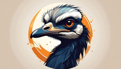 A stylized portrait of a large flightless bird, featuring a detailed head and neck with vibrant colors against an abstract orange circle