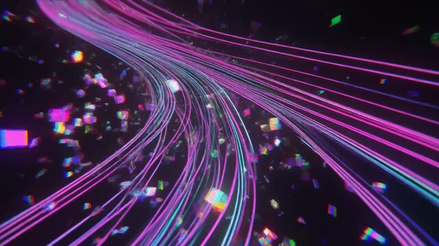 ネオンが揺らめく抽象リボンが生むサイバーグリッチアート 
