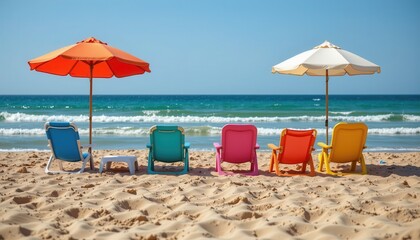 Colorful Beach Chairs Under Bright Umbrellas by the Surf on a Sunny Day with Clear Blue Sky