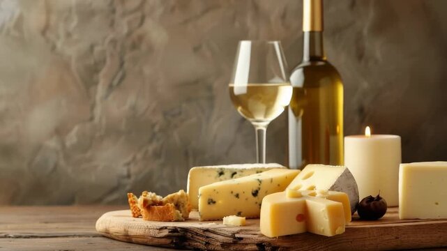 Cheese assortment with wine bottle and glass on wooden table