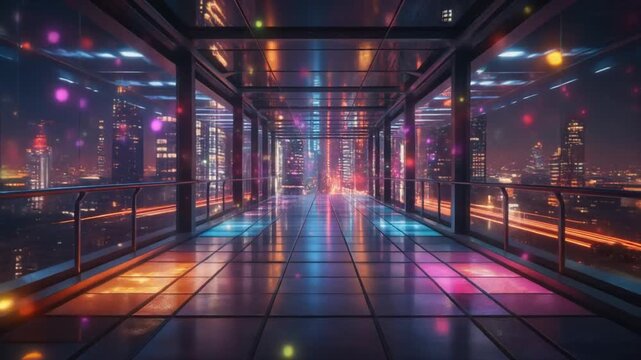 Futuristic Skybridge with City Lights and Colorful Bokeh