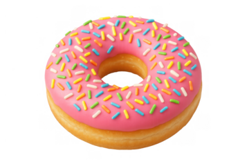 Sweet donut with pink icing and colorful sprinkles. Glazed pastry snack for dessert, transparent background