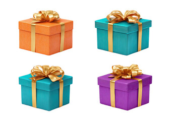 Colorful gift boxes with shiny golden ribbons against black