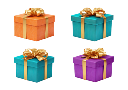 Colorful gift boxes with shiny golden ribbons against black - Powered by Adobe