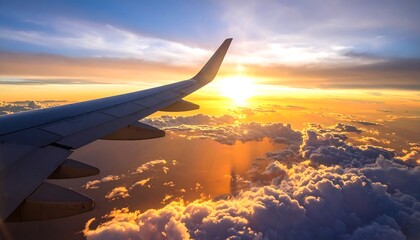 Aerial view of an airplane wing slicing through vibrant sunrise colors over fluffy cloud formations during travel