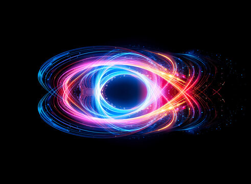 Abstract glowing eye-shaped light trails in vibrant blue, pink, and red on a black backdrop.  Energetic and modern, the design suggests movement and technology.