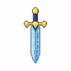 Pixel art fantasy sword with a blue blade and golden hilt on a white background, perfect for retro video games.