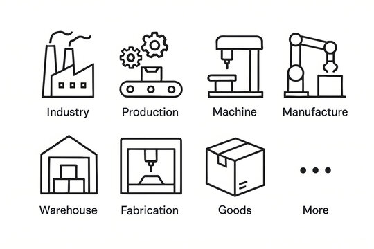 Industry Icons: A collection of concise icons illustrating the multifaceted aspects of modern industry, perfect for industrial themes.