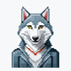 Obraz premium Pixel art illustration of a grey and white wolf character with yellow eyes wearing a suit and red necklace.