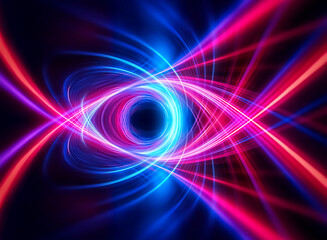 Abstract swirls of vibrant blue and pink lines against a dark backdrop, creating a dynamic vortex effect. Glowing streaks converge, forming a bright, central focal point.