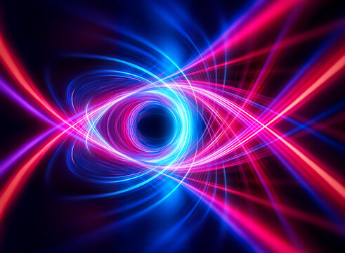 Abstract swirls of vibrant blue and pink lines against a dark backdrop, creating a dynamic vortex effect. Glowing streaks converge, forming a bright, central focal point.
