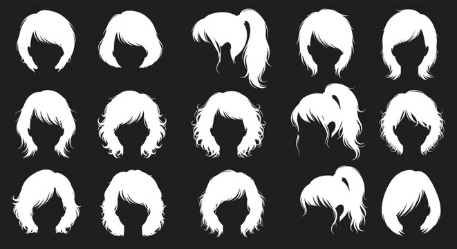 A diverse collection of female hair silhouettes and various hairstyles, ranging from short bobs to long ponytails, perfect for fashion and beauty concepts.