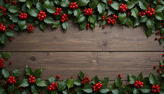 Festive christmas holly and red berries frame a rustic wooden background for seasonal holiday greetings