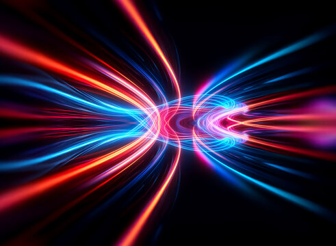 Vibrant streaks of red and blue light converge and diverge in a dynamic abstract design against a dark backdrop, creating a sense of energy and motion.