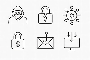 Cybersecurity Symbols: A collection of meticulously crafted, stark symbols, representing a variety of cybersecurity threats and protective measures, ideal for conveying information security concepts.