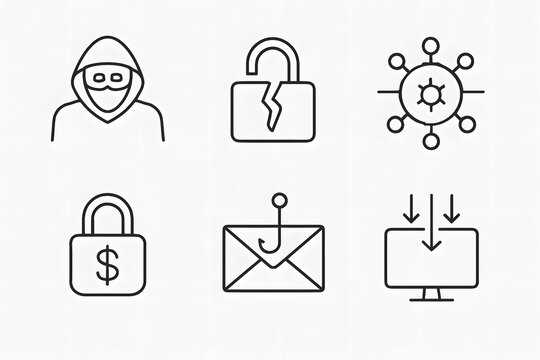 Cybersecurity Symbols: A collection of meticulously crafted, stark symbols, representing a variety of cybersecurity threats and protective measures, ideal for conveying information security concepts.