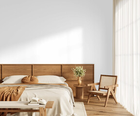 Minimalist Wooden Bedroom PNG with Light Bedding, Side Table Decor, Natural Daylight and Scandinavian Aesthetic on Transparent Background