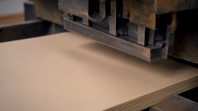 Close-up view of an industrial machine pressing down on a stack of light brown paper sheets, likely for cutting or stamping in a manufacturing process.