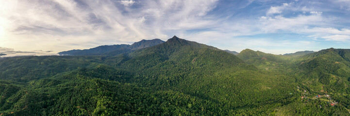 Obraz premium Scenic view of Mount Nambuyukon surrounded by lush tropical rainforest in Serinsim, Kota Marudu, Sabah, Malaysia. Beautiful mountain landscape with rich greenery under blue sky.
