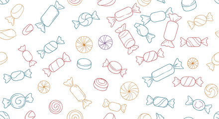 Colorful and playful seamless pattern featuring various outline candies like wrapped sweets, lollipops, and round confections on a white background.