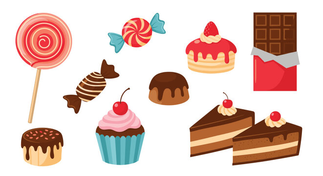Variety of confectionery items and baked goods including chocolate cakes, cupcakes, lollipops, and candies, set against a clean white backdrop.