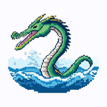 Pixel art illustration of a green sea serpent emerging from blue water with waves.