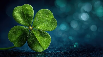 Green four-leaf clover on dark background, symbolizing good fortune and St. Patrick's Day, with bokeh effects for sharp focus, ideal for festive banners, Easter celebrations, and digital designs.