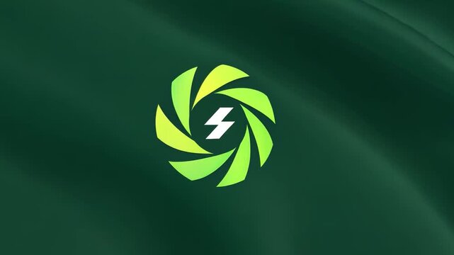 Energy emblem: A minimalist logo of vibrant energy, signifying innovation, sustainability, and technological advancement, elegantly set against a waving green background.