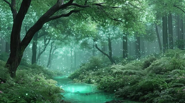 A Mystical Digital Forest of Glowing Circuits and Floating Screens Transforming Education in Innovative Ways