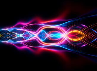 Obraz premium Abstract art with vibrant, swirling light trails of blue, pink, and orange against a black background. Dynamic and energetic visual design.