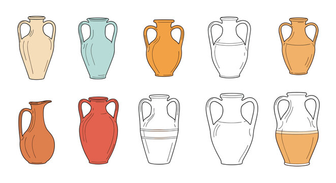 A collection of ancient ceramic amphorae and jugs in various colors and outline styles, illustrating historical pottery forms.