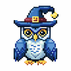 Fototapeta premium Charming pixel art blue owl wearing a wizard hat, retro 8-bit style illustration.
