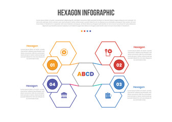 hexagon base shape infographics template diagram with quadrant structure with long line connector on symmetric balance with 4 point step creative simple flat outline